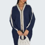 Abaya longue bleu foncé à bandes blanche