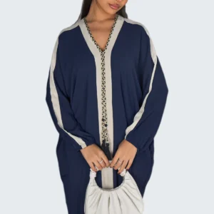 Abaya longue bleu foncé à bandes blanche
