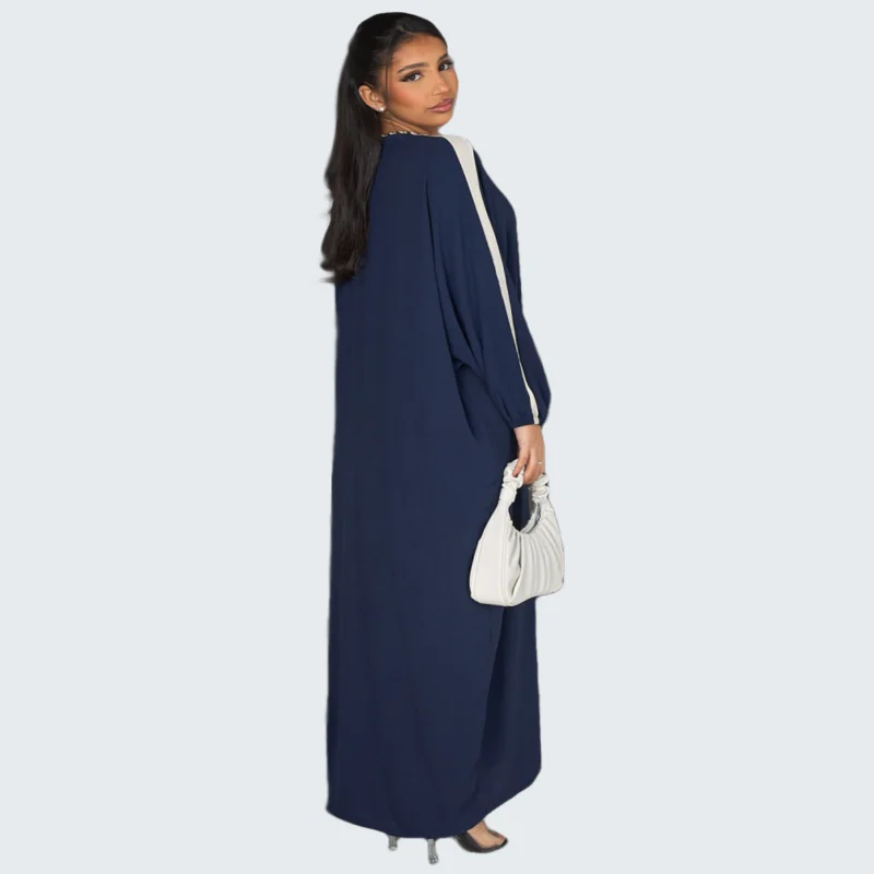 Abaya longue bleu foncé à bandes blanche – Image 4