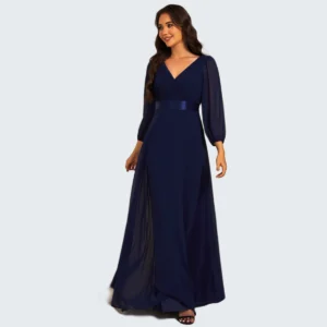 Robe de soirée trapèze taille empire en mousseline à manches longues