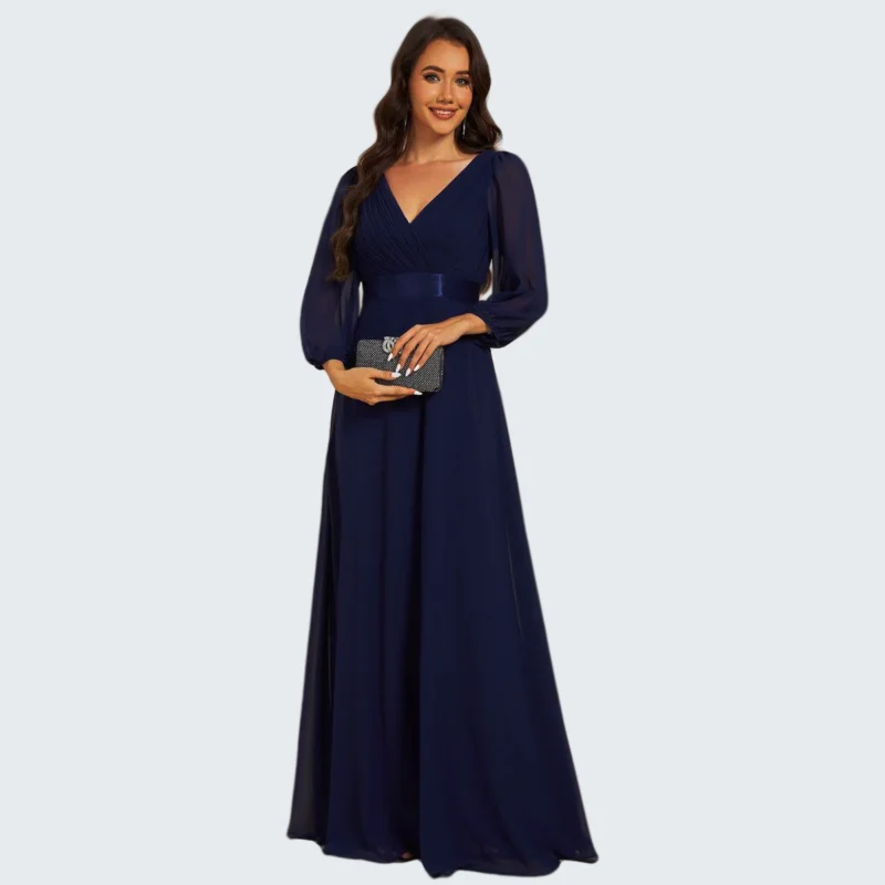 Robe de soirée trapèze taille empire en mousseline à manches longues – Image 3